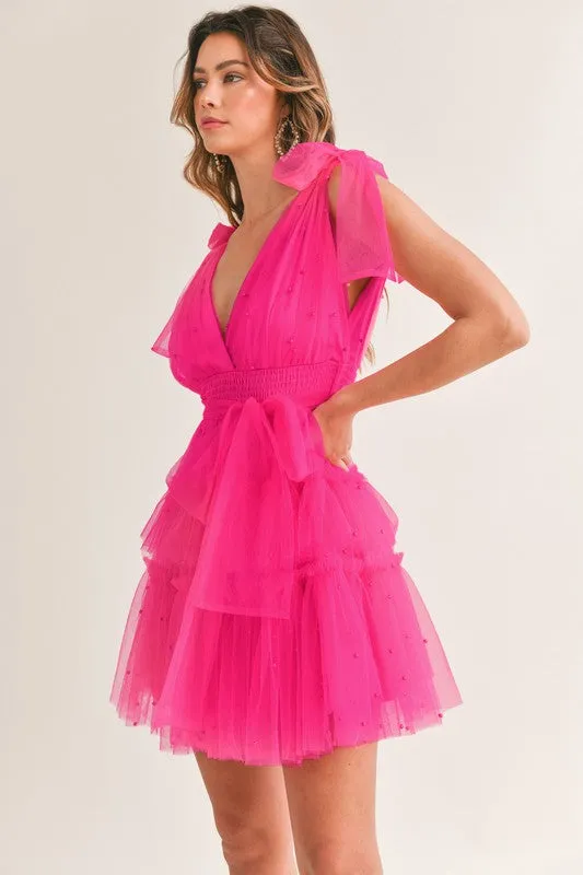 Hot Pink Pearl Stud Mesh Tulle Tiered Mini Dress