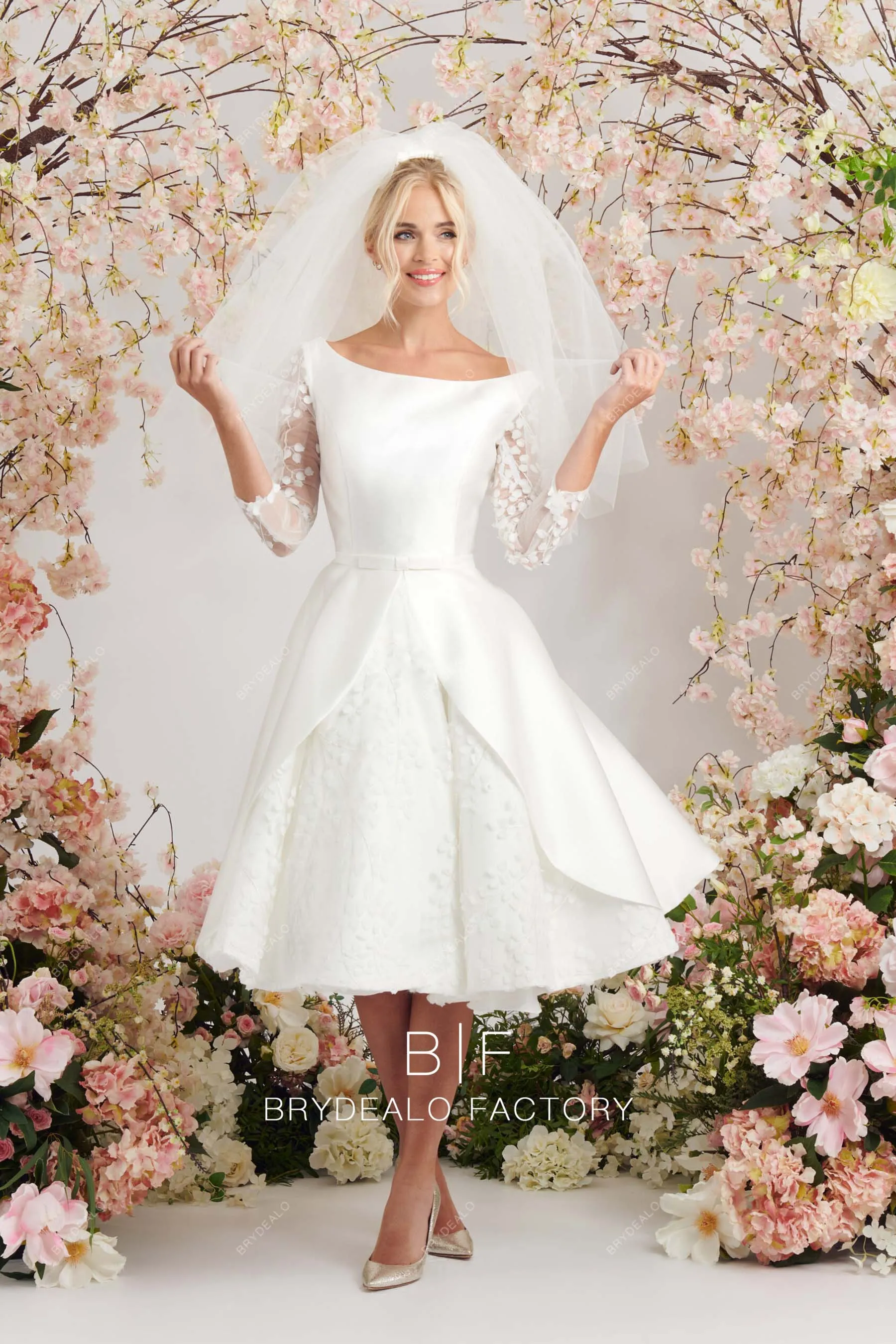 Illusion 3/4 Sleeves Custom Lace Satin Boat Neck Short Bridal Dress