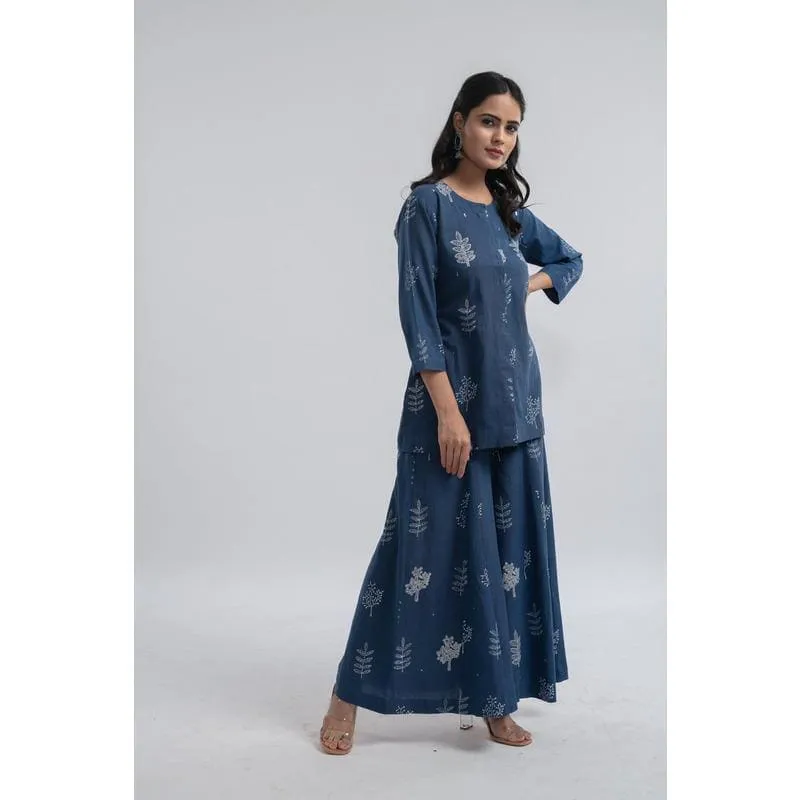 Indigo Block Print Cotton Top & Plazzo