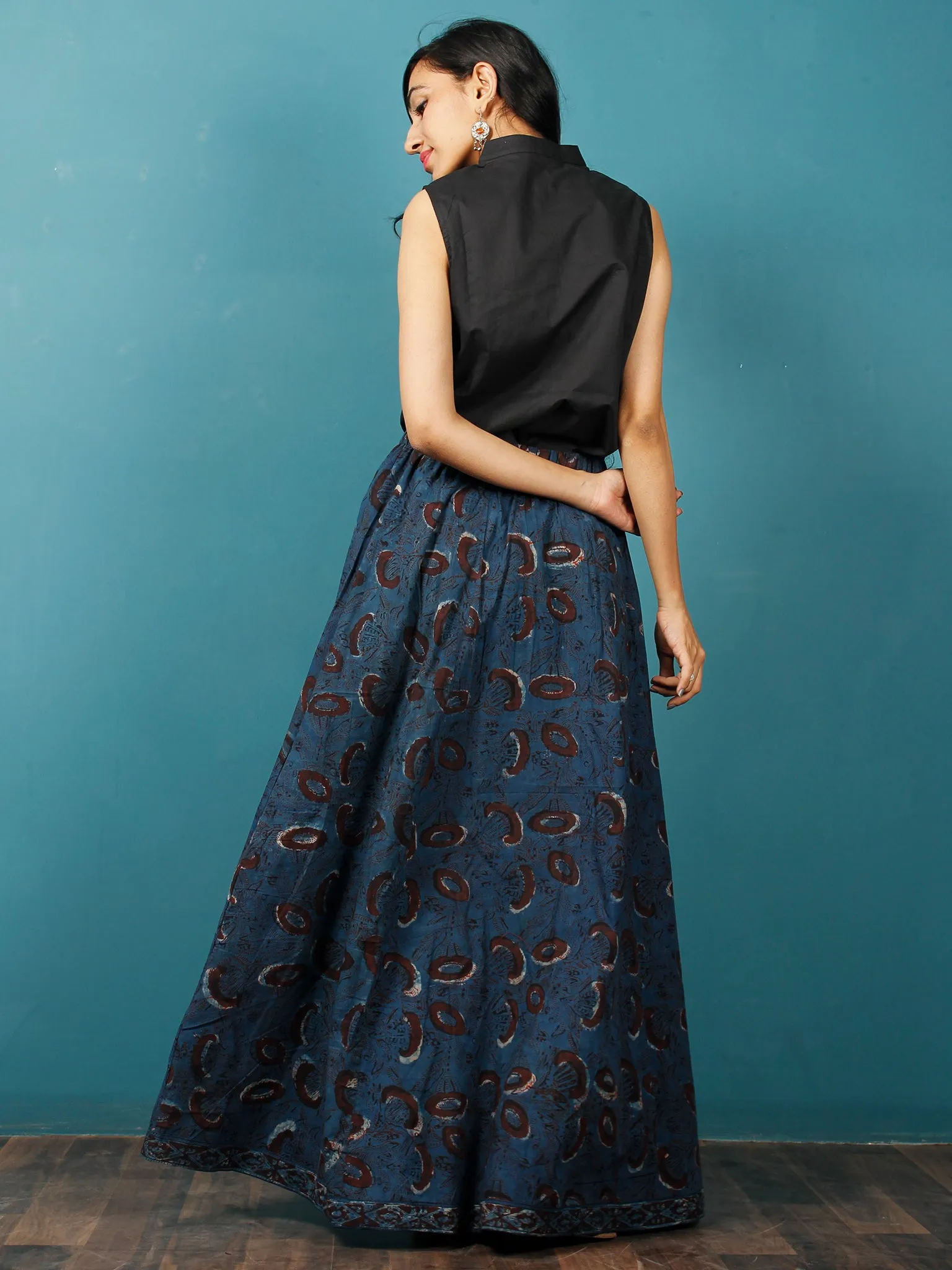 Indigo Brown Beige Hand Block Printed Skirt With Border - S40F373