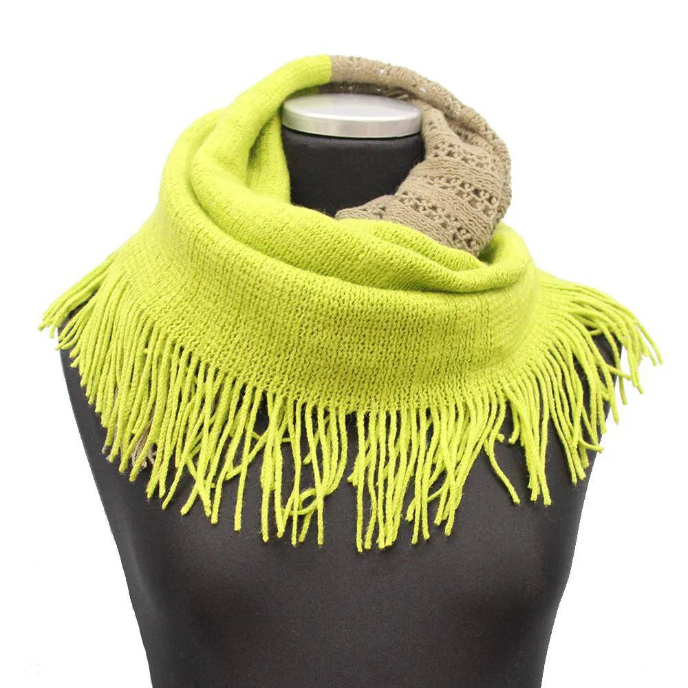 Infinity Scarf w/ Open Knit & Fringe - Olive Green