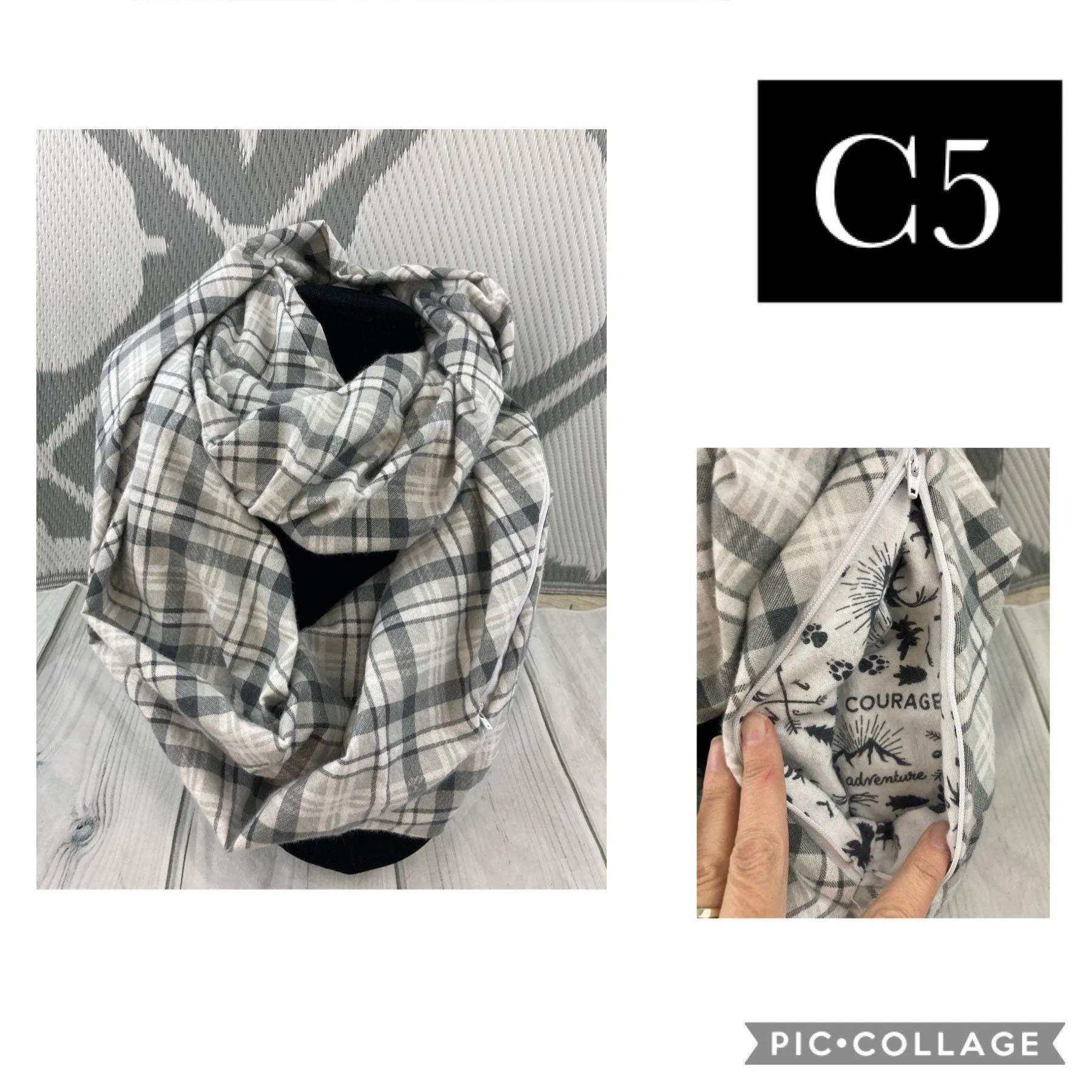 Infinity Scarf with Hidden Zipper Pocket. Gray and White  Plaid flannel.