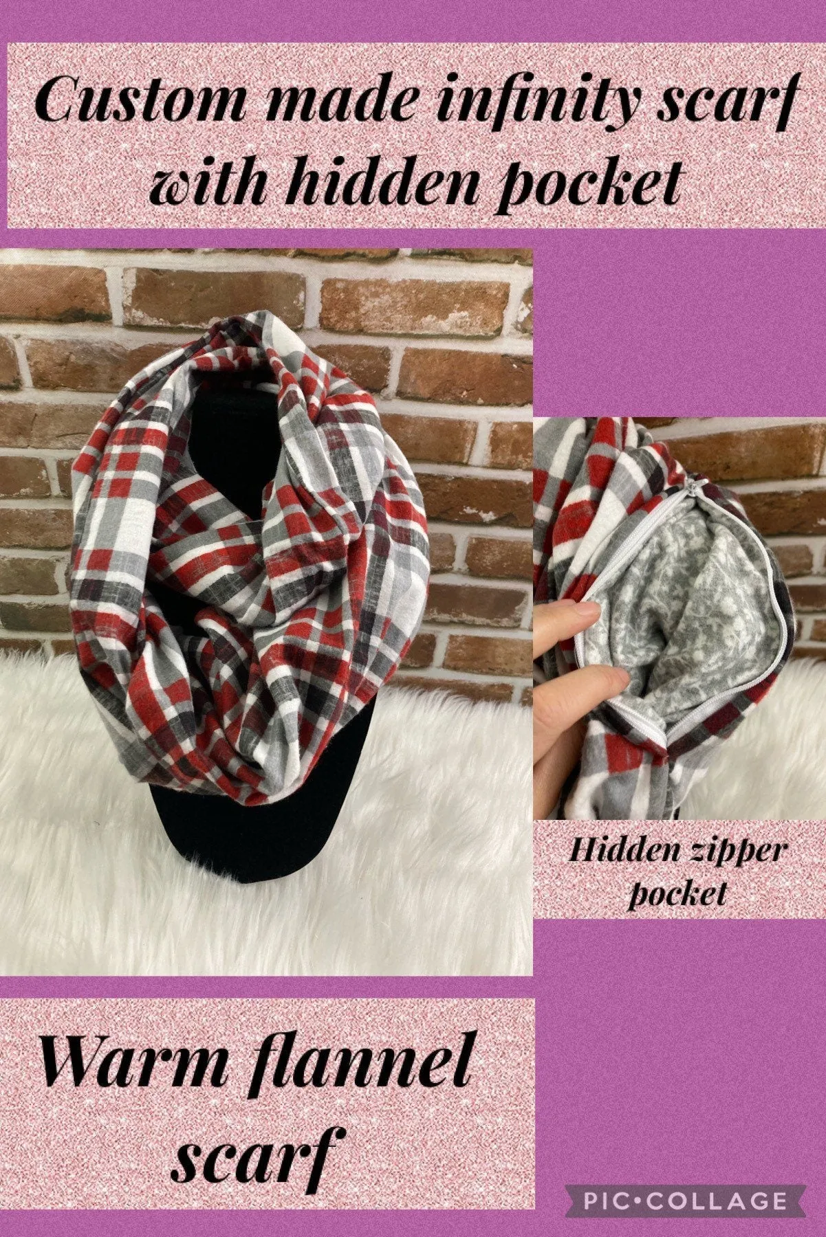 Infinity Scarf with Hidden Zipper Pocket. Red, Gray and Black Plaid flannel.