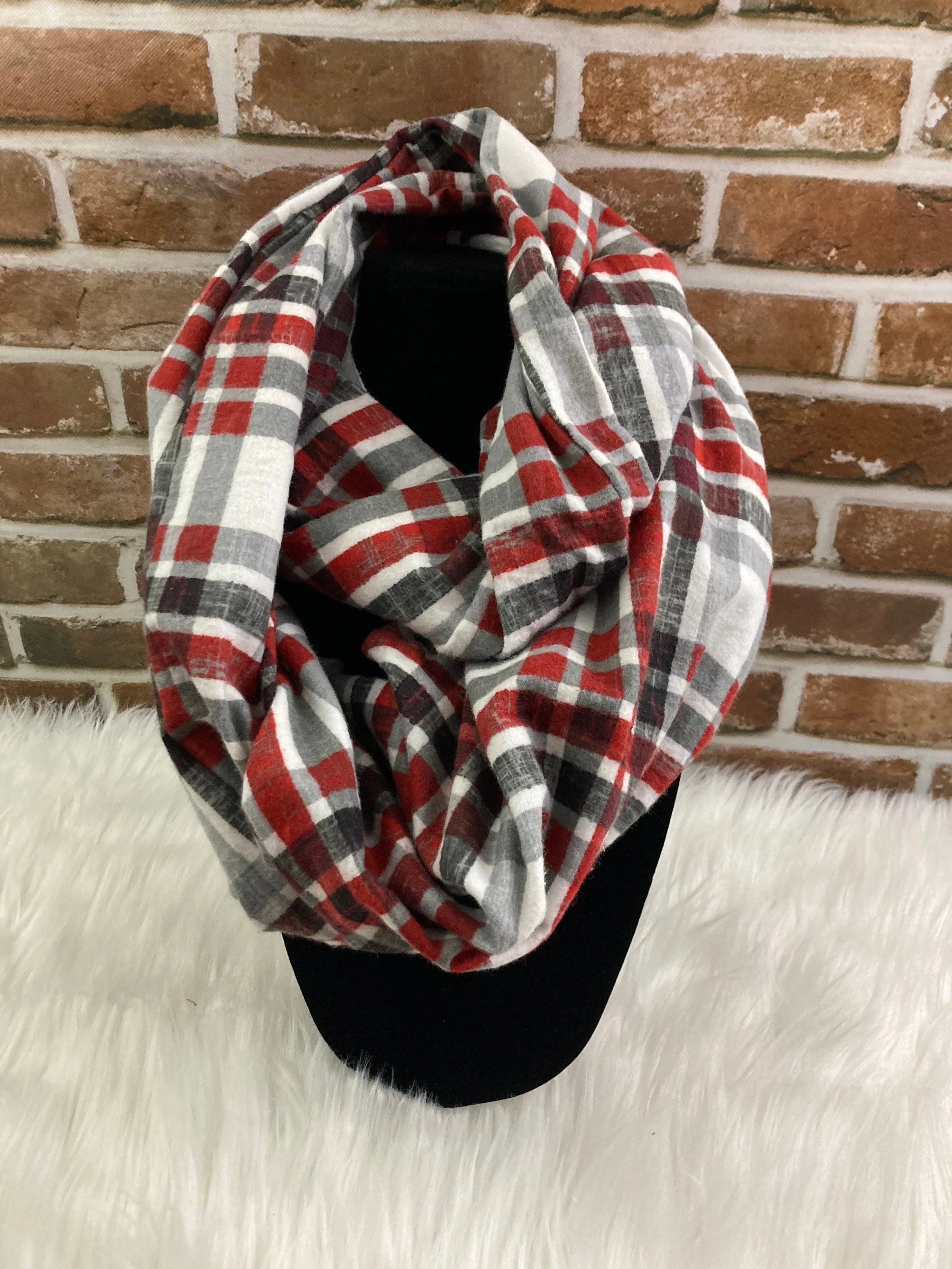 Infinity Scarf with Hidden Zipper Pocket. Red, Gray and Black Plaid flannel.