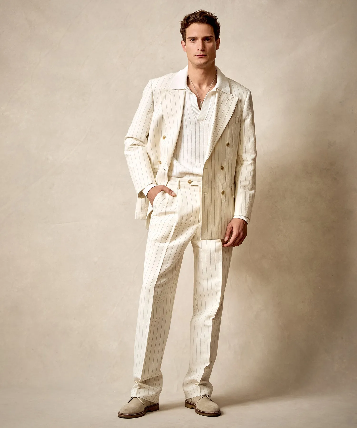 Italian Linen Wythe Trouser in White Pinstripe