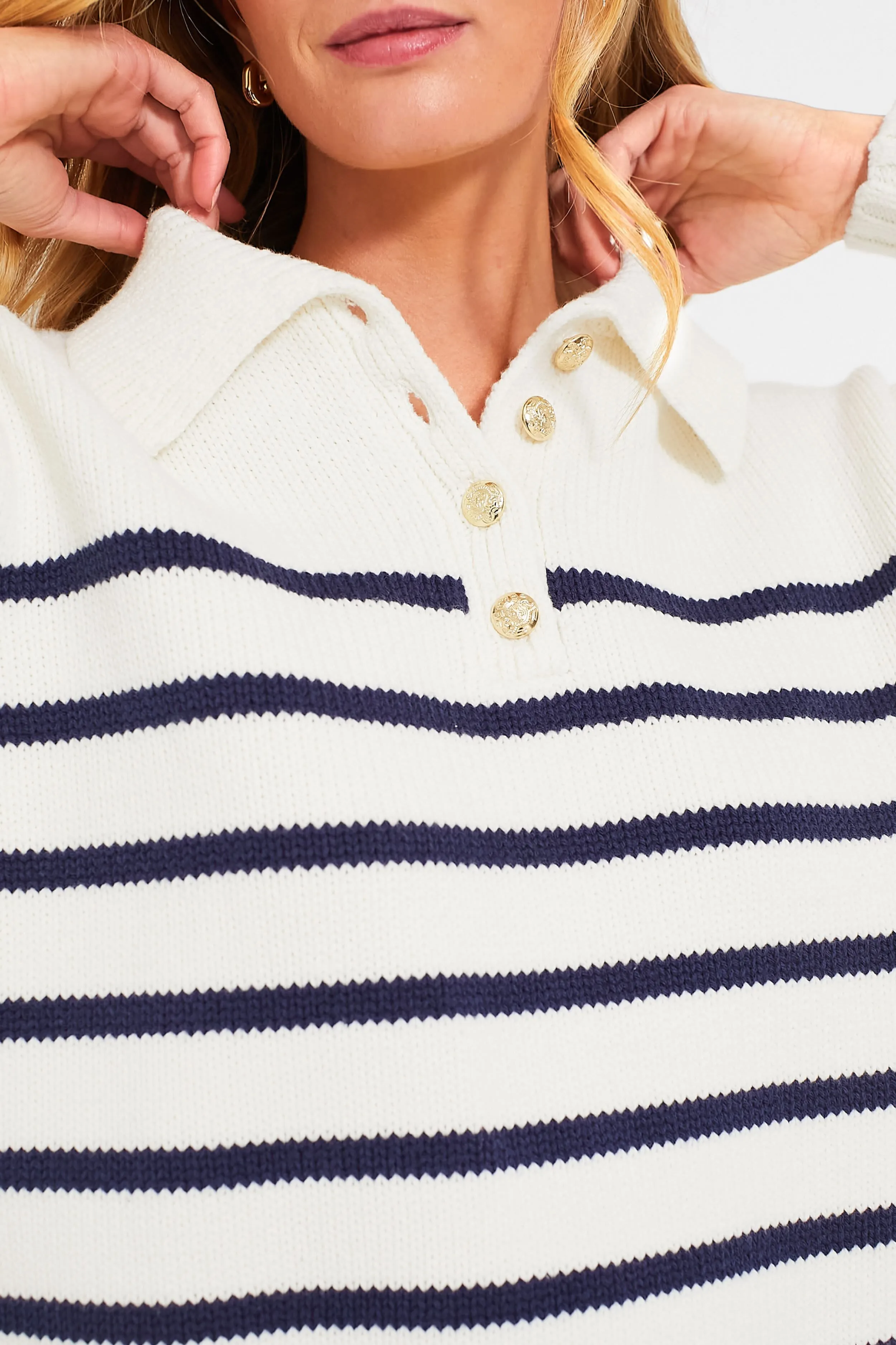 Ivory and Navy Striped Emilie Polo Sweater