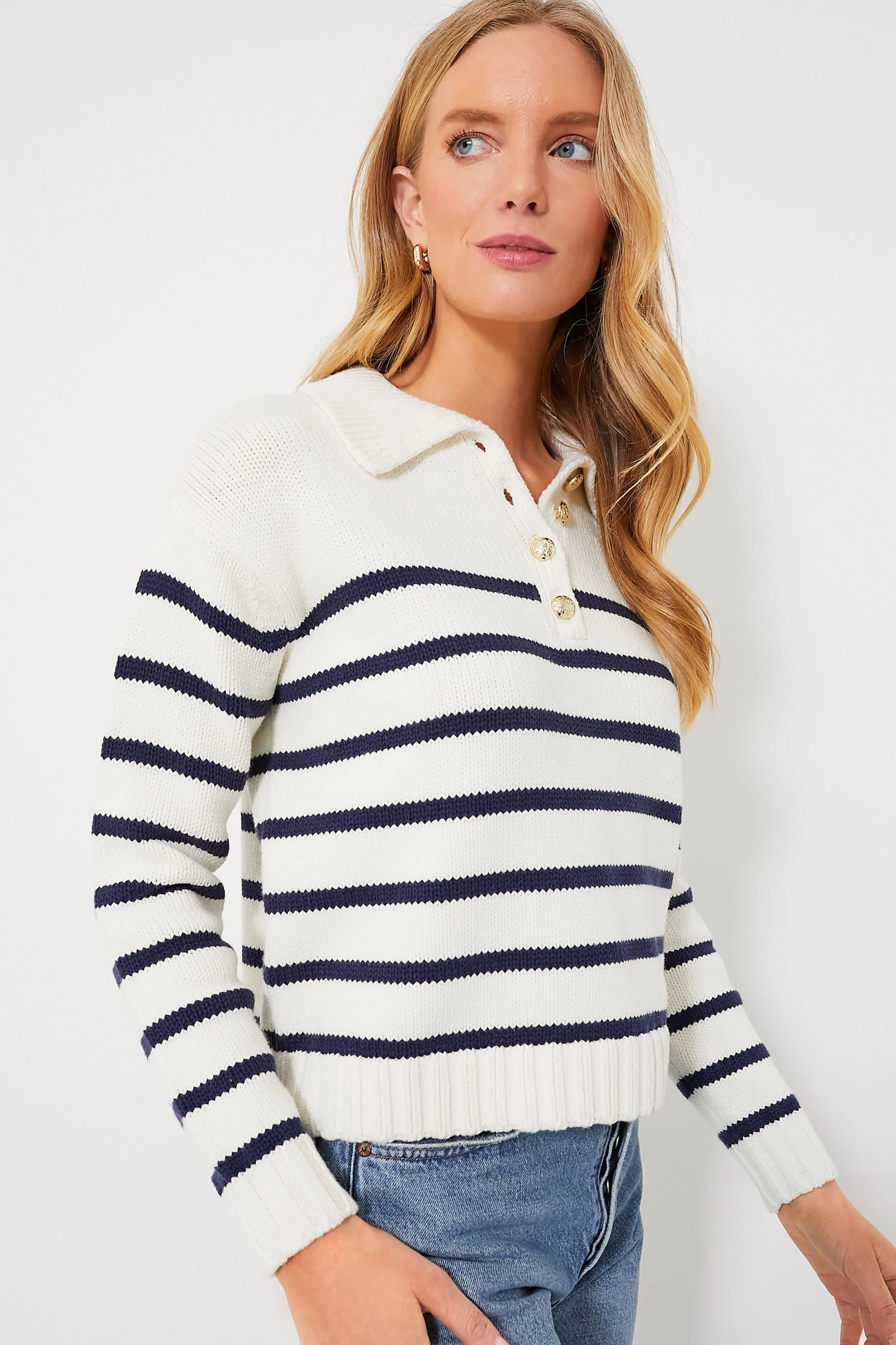 Ivory and Navy Striped Emilie Polo Sweater