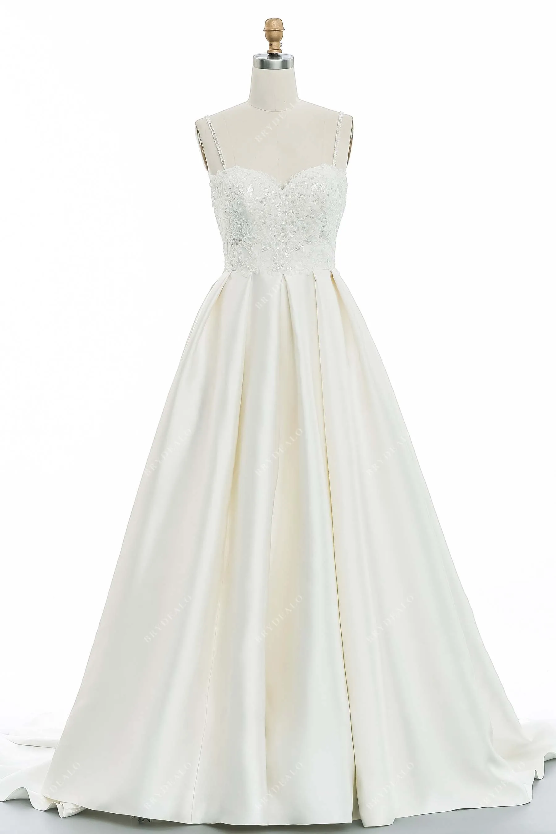 Ivory Spaghetti Straps Beaded Lace Timeless Long Train Wedding Dress