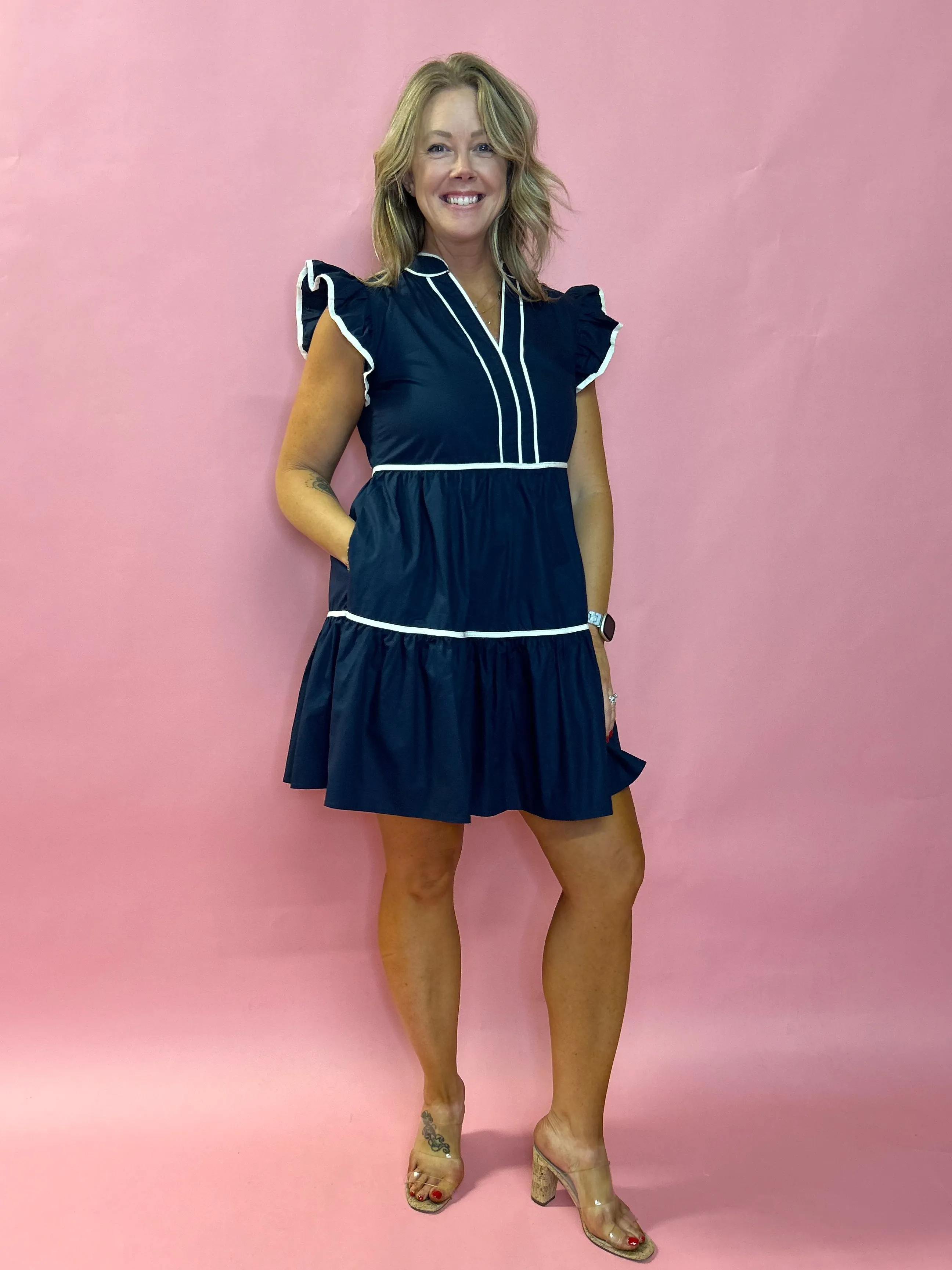 Jazmine V-Neck Babydoll Ruffle Sleeve Mini Dress in Navy