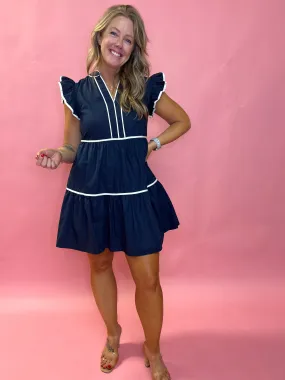 Jazmine V-Neck Babydoll Ruffle Sleeve Mini Dress in Navy