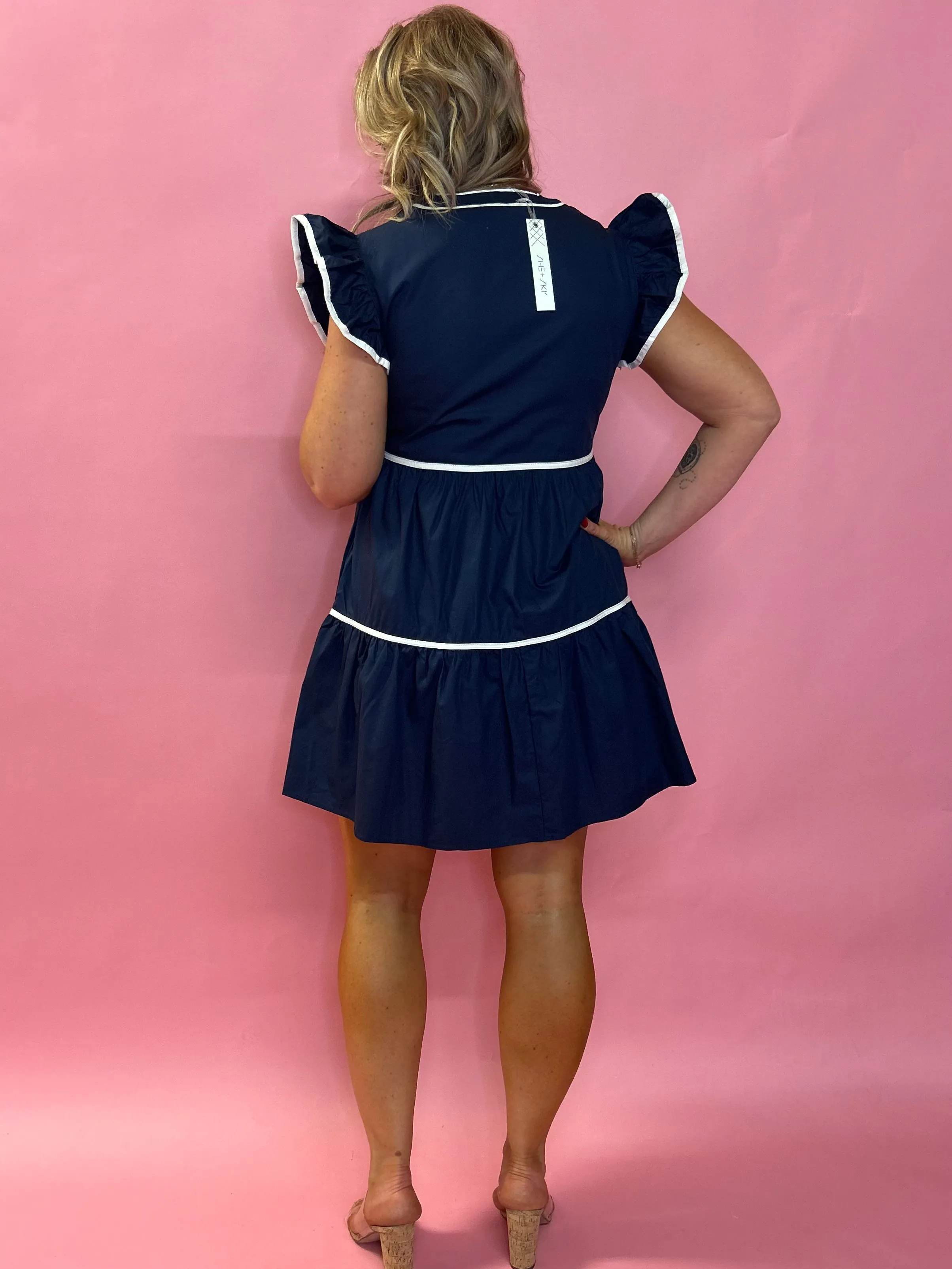 Jazmine V-Neck Babydoll Ruffle Sleeve Mini Dress in Navy