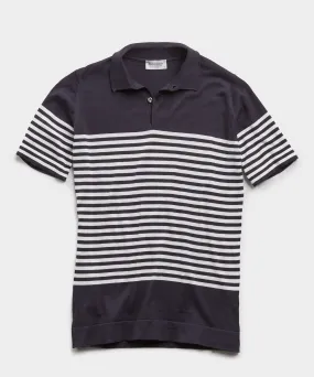 John Smedley Striped Sea Island Cotton Polo Sweater in Navy