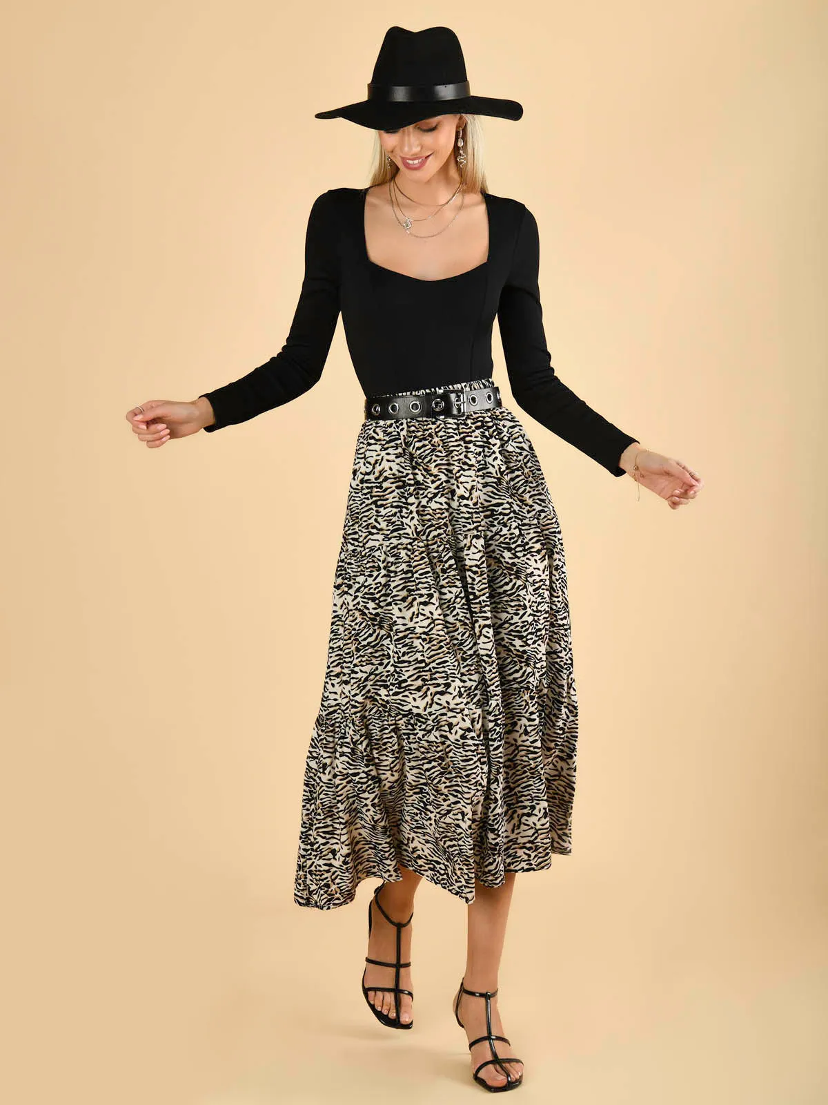 Jolie Moi Sara Animal Print Midi Skirt, Cream Animal