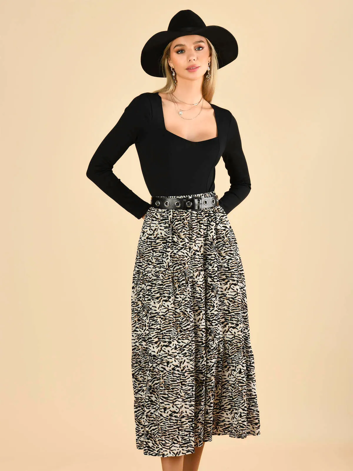 Jolie Moi Sara Animal Print Midi Skirt, Cream Animal