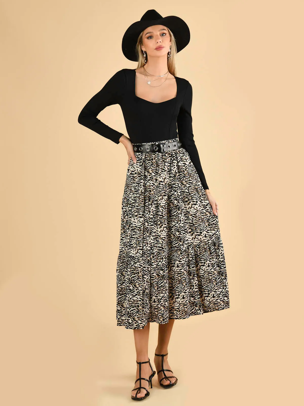 Jolie Moi Sara Animal Print Midi Skirt, Cream Animal