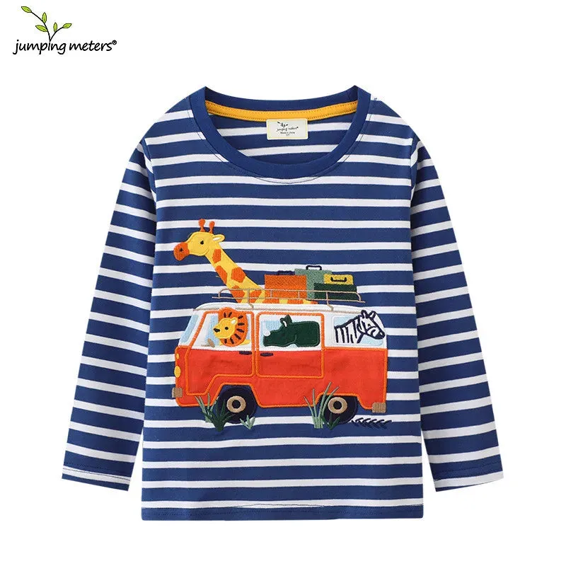 Jumping Meters 2-7T Long Sleeve  Striped Cars Embroidery Boys/Girls Tshirts Autumn Winter Children's Clothes Long Sleeve Kids Tops