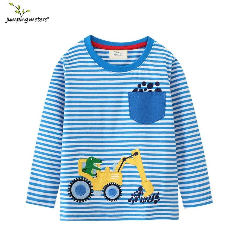 Jumping Meters 2-7T Long Sleeve  Striped Cars Embroidery Boys/Girls Tshirts Autumn Winter Children's Clothes Long Sleeve Kids Tops