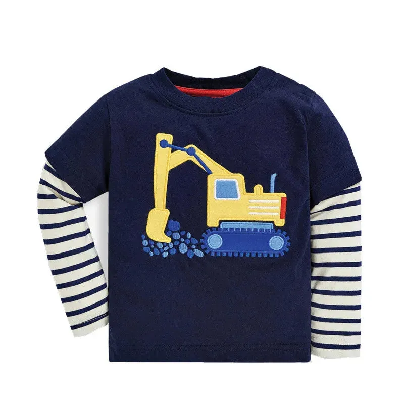 Jumping Meters 2-7T Long Sleeve  Striped Cars Embroidery Boys/Girls Tshirts Autumn Winter Children's Clothes Long Sleeve Kids Tops