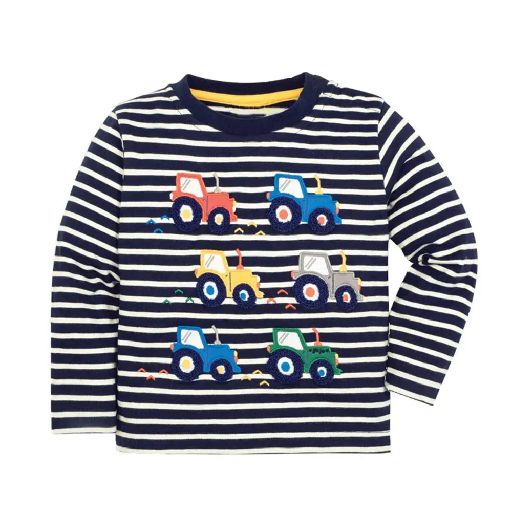 Jumping Meters 2-7T Long Sleeve  Striped Cars Embroidery Boys/Girls Tshirts Autumn Winter Children's Clothes Long Sleeve Kids Tops