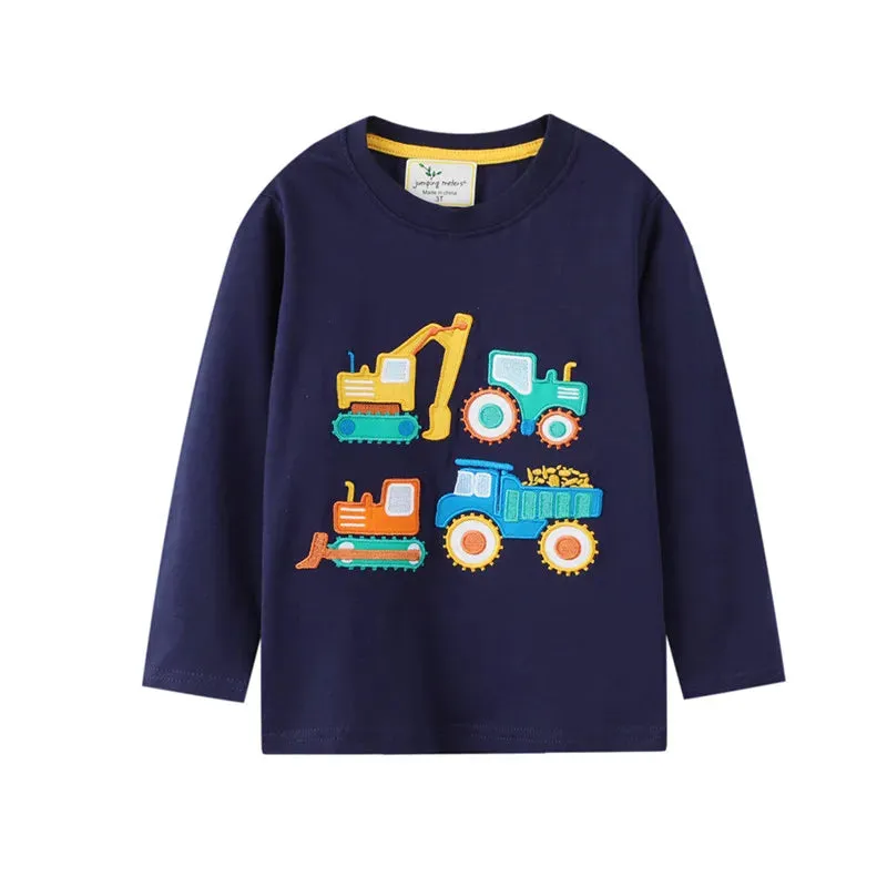 Jumping Meters 2-7T Long Sleeve  Striped Cars Embroidery Boys/Girls Tshirts Autumn Winter Children's Clothes Long Sleeve Kids Tops