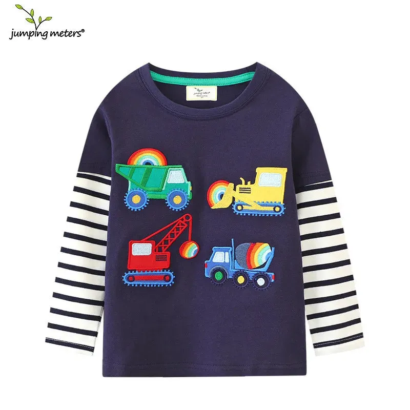 Jumping Meters 2-7T Long Sleeve  Striped Cars Embroidery Boys/Girls Tshirts Autumn Winter Children's Clothes Long Sleeve Kids Tops