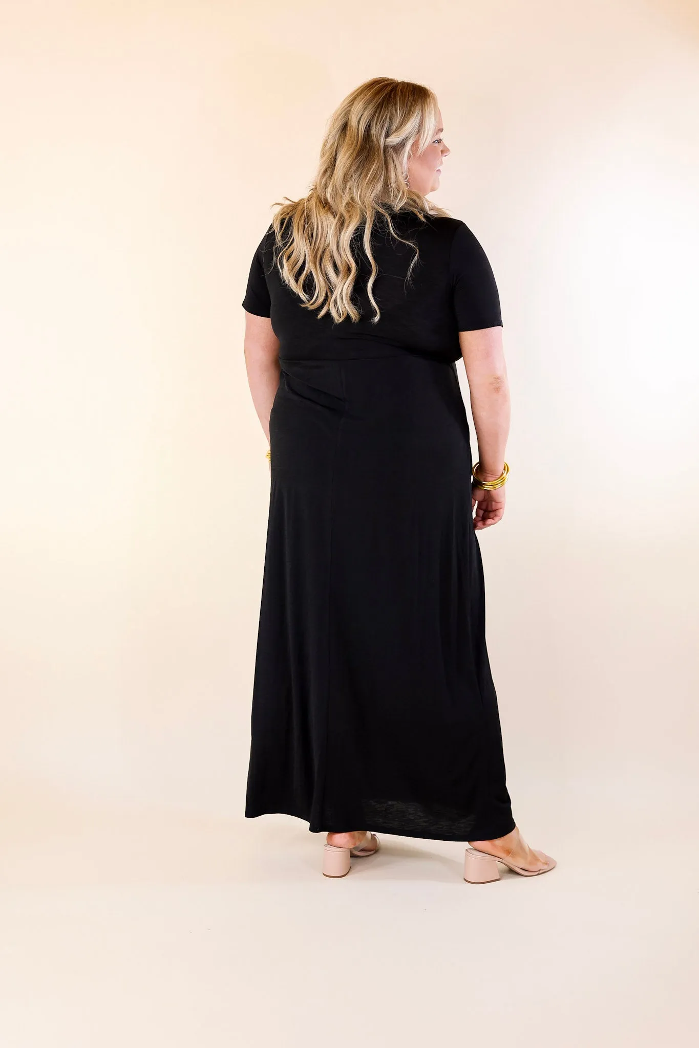 Just Landed Short Sleeve Babydoll Maxi Dress in Black