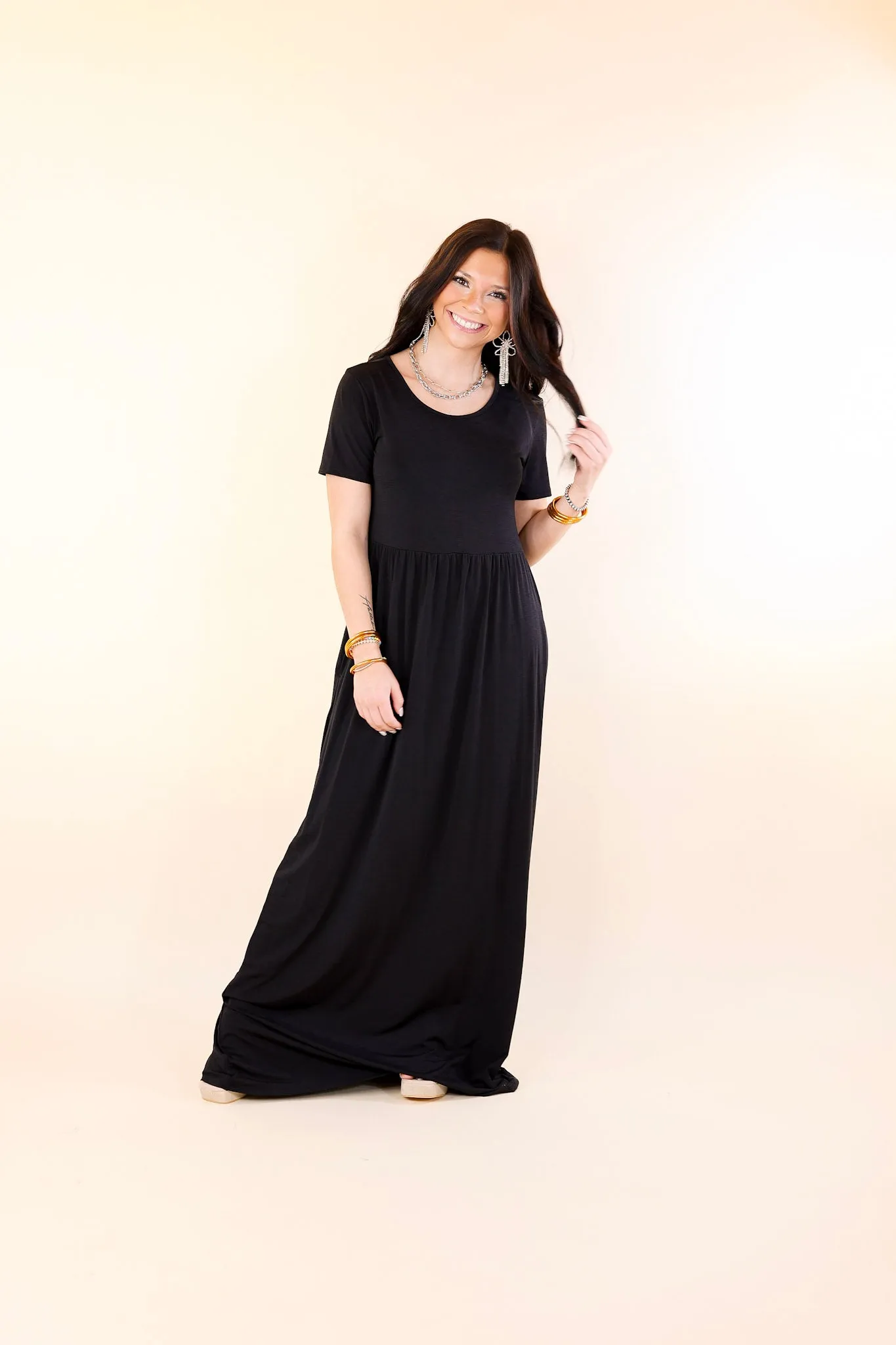 Just Landed Short Sleeve Babydoll Maxi Dress in Black