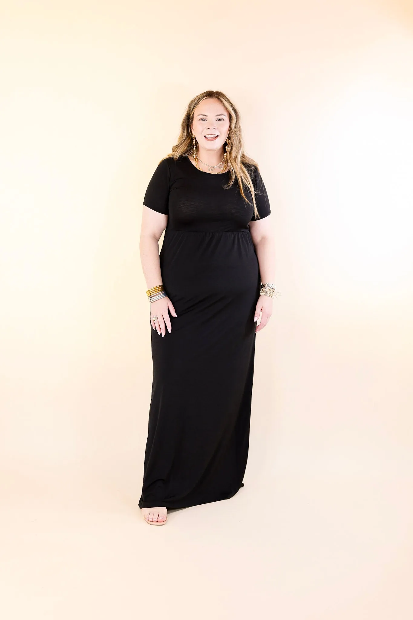 Just Landed Short Sleeve Babydoll Maxi Dress in Black