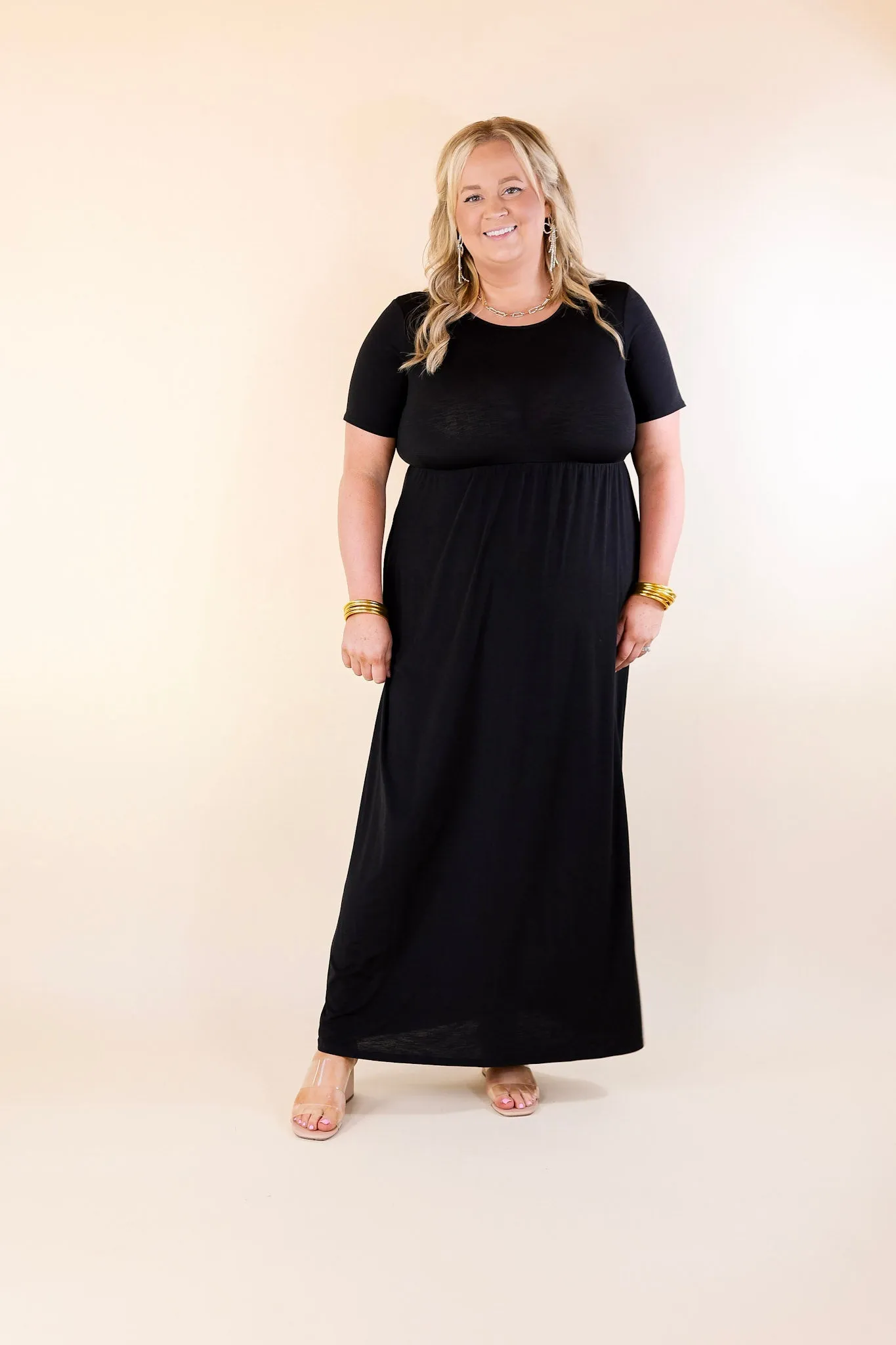 Just Landed Short Sleeve Babydoll Maxi Dress in Black