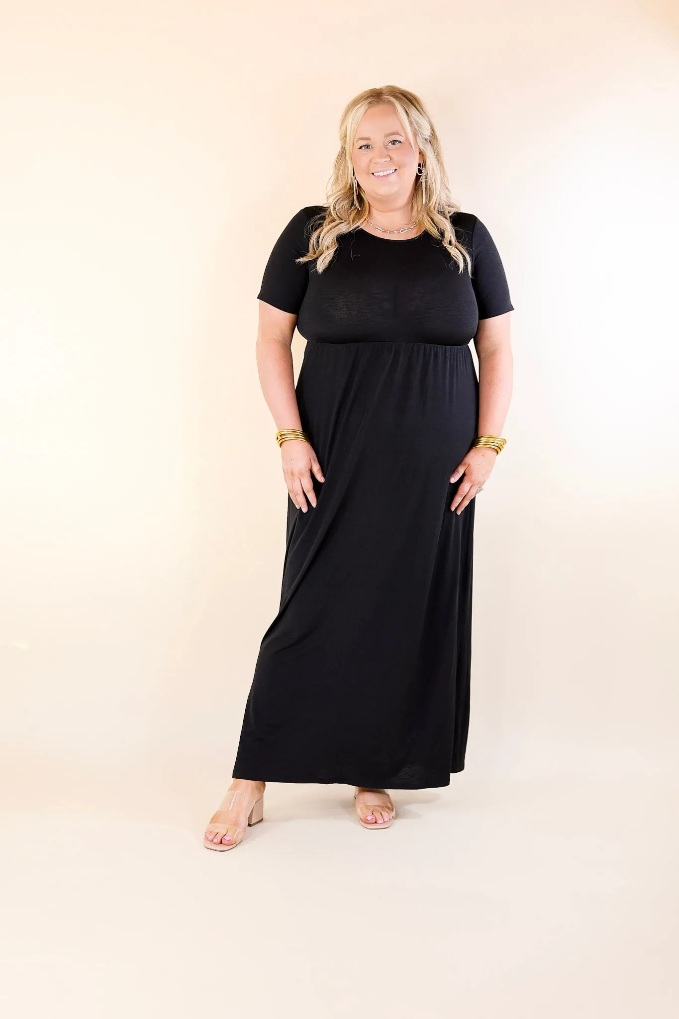 Just Landed Short Sleeve Babydoll Maxi Dress in Black