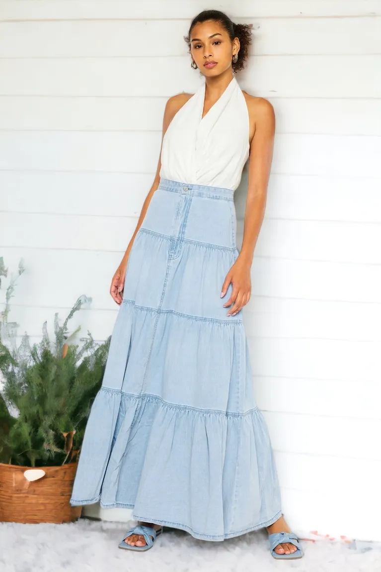 Kan Can Denim Tiered Maxi Skirt