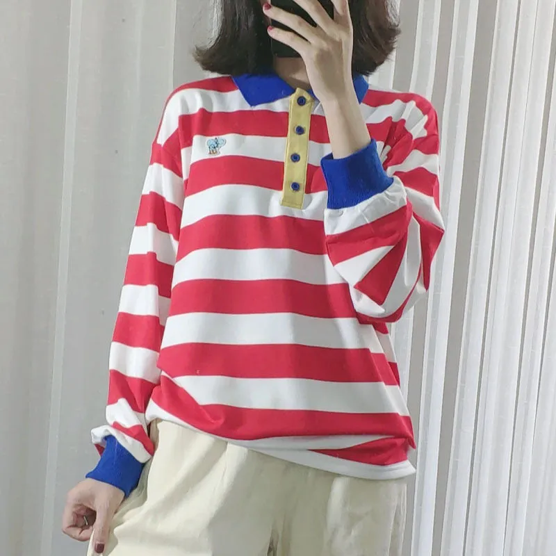 Kawaii mori bottom shirt splicing contrast colors red white stripes polo collar classic college bf style versatile sweatshirt