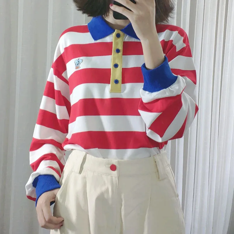 Kawaii mori bottom shirt splicing contrast colors red white stripes polo collar classic college bf style versatile sweatshirt