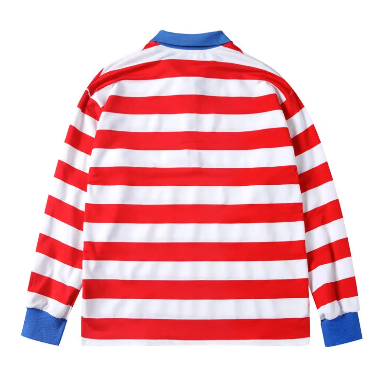 Kawaii mori bottom shirt splicing contrast colors red white stripes polo collar classic college bf style versatile sweatshirt