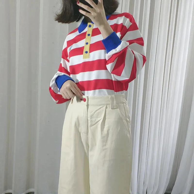 Kawaii mori bottom shirt splicing contrast colors red white stripes polo collar classic college bf style versatile sweatshirt