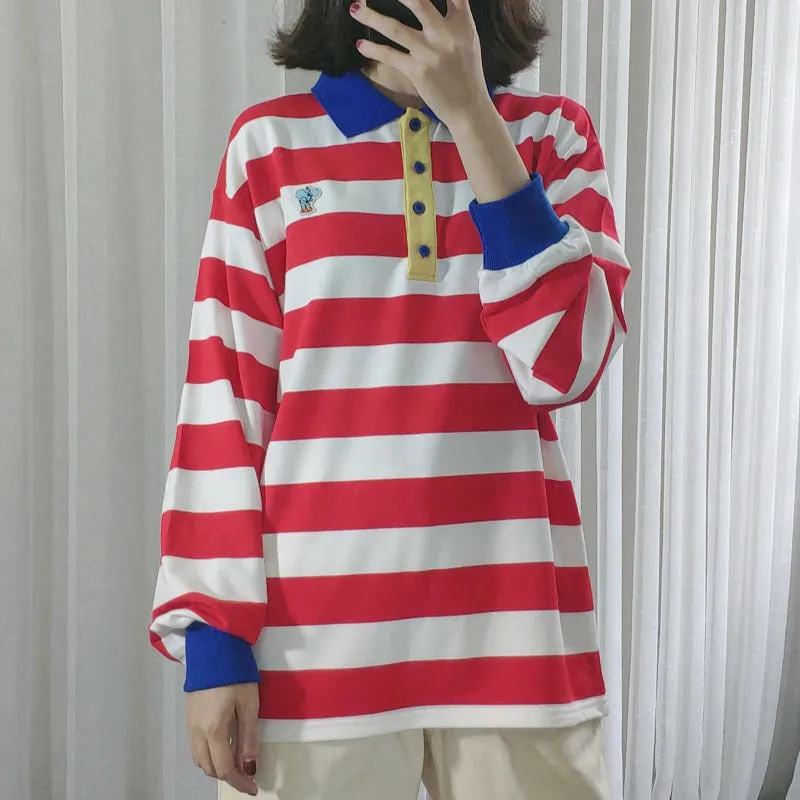 Kawaii mori bottom shirt splicing contrast colors red white stripes polo collar classic college bf style versatile sweatshirt