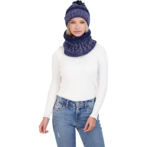 KENDALL   KYLIE Women's Winter Knitted Scarf & Beanie Set Navy Purple Ombre