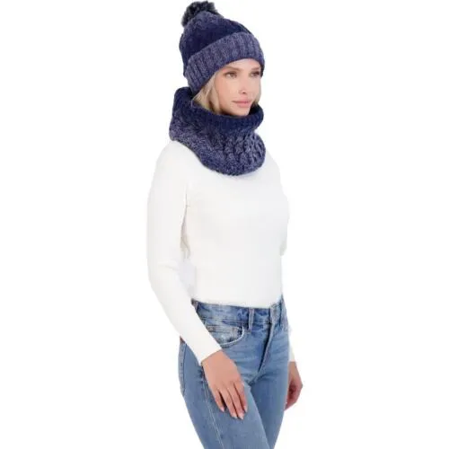 KENDALL   KYLIE Women's Winter Knitted Scarf & Beanie Set Navy Purple Ombre