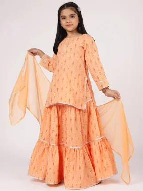 Kids Peach Printed Cotton Straight Kurta With Skirt & Dupatta