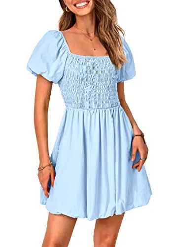 KIRUNDO 2023 Women's Summer Square Neck Smocked Puff Sleeve Mini Dress Off Shoulder Ruffle A-Line Puffy Short Dresses(Light Blue, Medium)