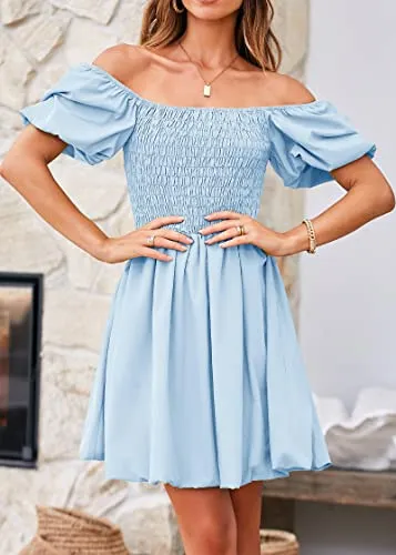 KIRUNDO 2023 Women's Summer Square Neck Smocked Puff Sleeve Mini Dress Off Shoulder Ruffle A-Line Puffy Short Dresses(Light Blue, Medium)