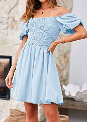 KIRUNDO 2023 Women's Summer Square Neck Smocked Puff Sleeve Mini Dress Off Shoulder Ruffle A-Line Puffy Short Dresses(Light Blue, Medium)