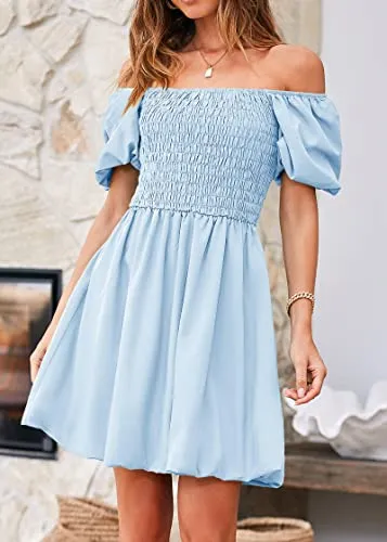 KIRUNDO 2023 Women's Summer Square Neck Smocked Puff Sleeve Mini Dress Off Shoulder Ruffle A-Line Puffy Short Dresses(Light Blue, Medium)