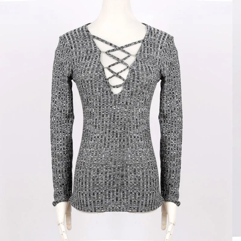 Lace up V Neck Top Lady Sexy Knitted Tops Pullover Cross Lace Up Long Sleeve T Shirt