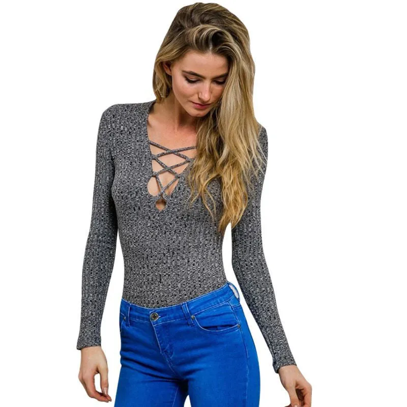 Lace up V Neck Top Lady Sexy Knitted Tops Pullover Cross Lace Up Long Sleeve T Shirt