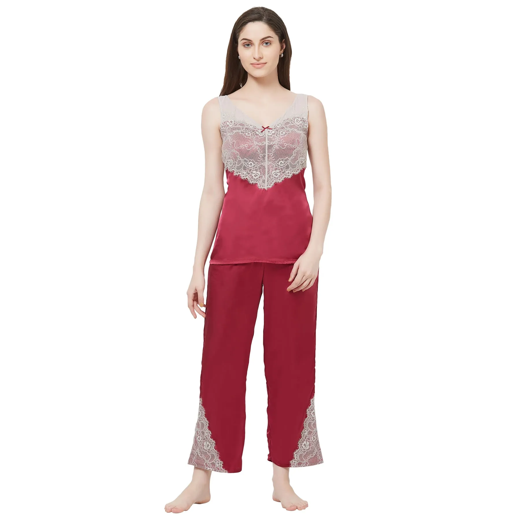 Laced Satin Top and Pyjama Set-NT-80