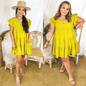 Last Chance Size Small & Medium | Delightful Endeavor Ruffle Cap Sleeve Tiered Dress in Chartreuse