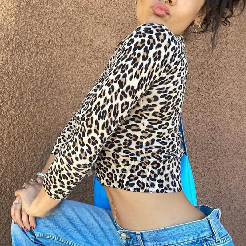 Leopard Print Sexy V Neck Rave Crop Top Shirt Long Sleeve