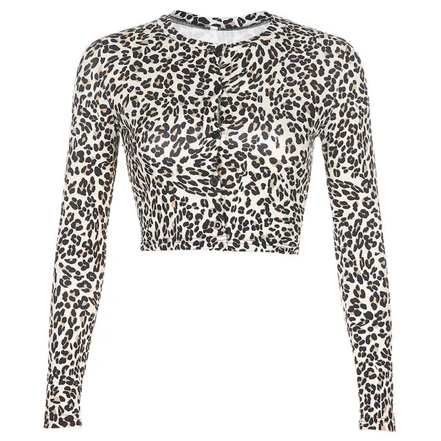 Leopard Print Sexy V Neck Rave Crop Top Shirt Long Sleeve