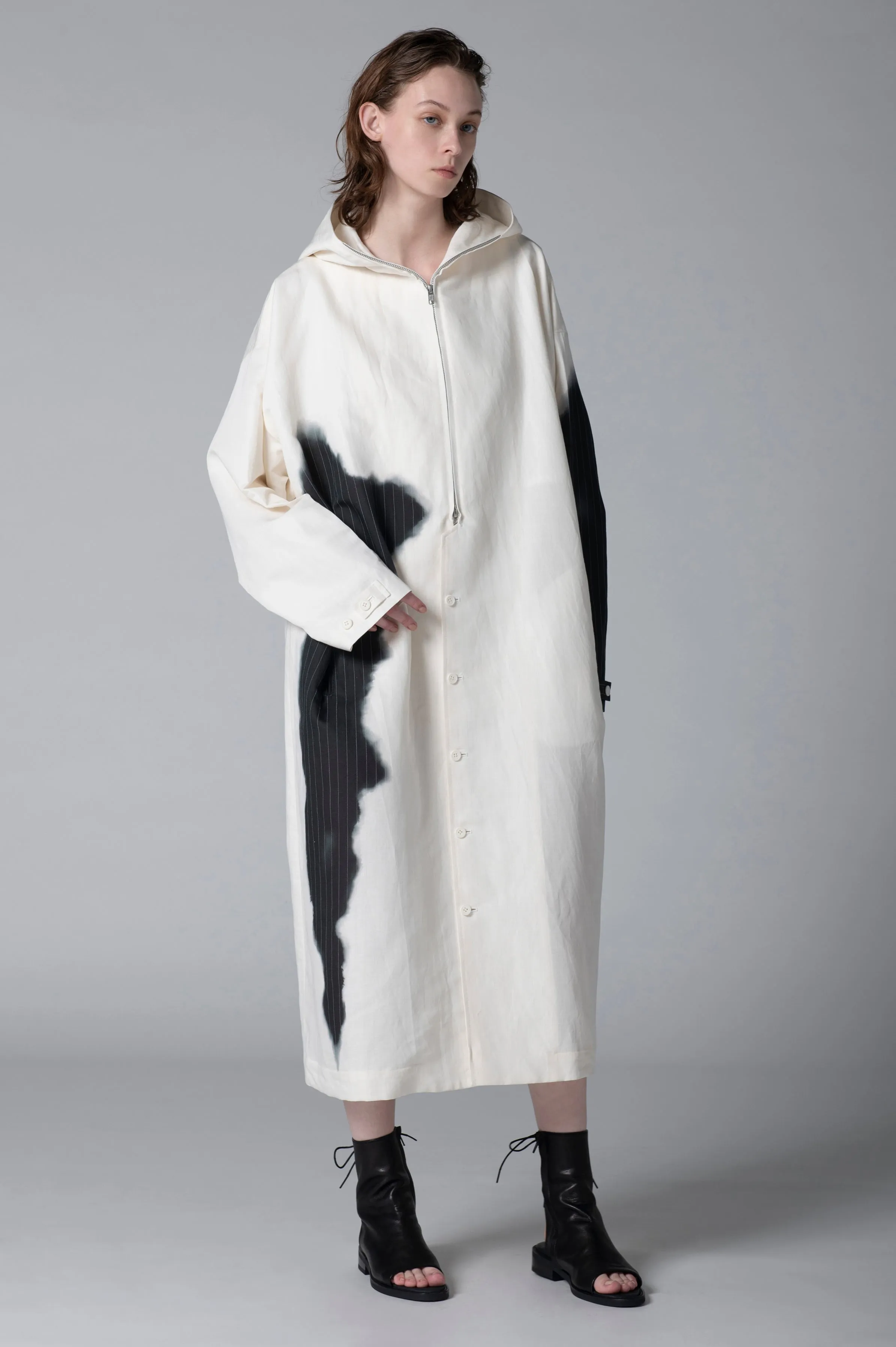 LINEN/COTTON HOODED COAT WITH PARTIAL PINSTRIPE PATTERN